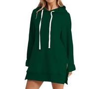 Giacca con cappuccio da donna lunga in cotone, lunga da donna, taglie grandi, oversize, con apertura laterale, per il tempo libero, con coulisse, in tinta unita, maglione sciolto, Blackish Green