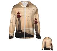 Giacca con cappuccio da donna UPF 50+ con protezione solare, con tasca, leggera, a maniche lunghe, con faro e gabbiano, nero, X-Large