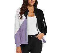 Giacca corta da donna, a maniche lunghe, con colletto alto, da pilota, con cerniera, per le mezze stagioni, con tasche, motivo floreale, per lo sport, casual, da motociclista, Lilla, XXL