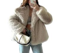 Giacca corta da donna in finta pelliccia a pelo lungo, con maniche lunghe e bottoni, calda, invernale, con tasche, Latte, M