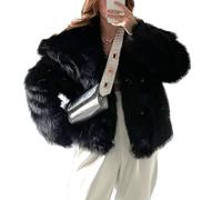 Giacca corta da donna in finta pelliccia a pelo lungo, con maniche lunghe e bottoni, calda, invernale, con tasche, Nero , L