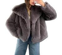 Giacca corta da donna in finta pelliccia a pelo lungo, con maniche lunghe e bottoni, calda, invernale, con tasche, Grigio scuro, XS