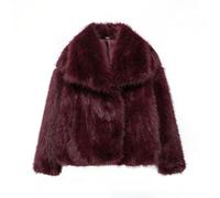 Giacca corta da donna in finta pelliccia a pelo lungo, con maniche lunghe e bottoni, calda, invernale, con tasche, Borgogna, M