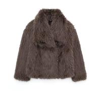 Giacca corta da donna in finta pelliccia a pelo lungo, con maniche lunghe e bottoni, calda, invernale, con tasche, Marrone, M