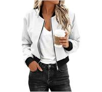 Giacca corta da donna, mezza stagione, leggera, casual Patchwork, Bomber con cerniera, bianco, S