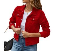 Giacca corta di jeans da donna con vestibilità stretta, maniche lunghe e asole, capispalla leggero e pratico, Colore: rosso, M