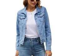 Giacca corta di jeans da donna con vestibilità stretta, maniche lunghe e asole, capispalla leggero e pratico, azzurro, M