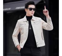 Giacca Corta E Aderente In Vera Pelle Da Uomo - Cappotto Da Motociclista Con Revers Beige-bianco, Modello Monopetto(XL)