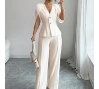 Giacca corta in chiffon color albicocca con vita stretta, blusa scollo a V e pantaloni a gamba dritta, set di due pezzi elegante e versatile per l'ufficio e il tempo libero, adatto per l'estate L,M,S,