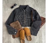 Giacca corta in denim nero con bordi sfilacciati e lettera, maniche lunghe, abbinata a una camicia bianca per ragazze adolescenti 14Y,13Y,16Y,15YColore unicoDenim