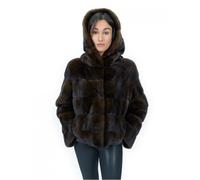 Giacca corta in pelliccia mogano di visone orizzontale 44 manica lunga cappuc...