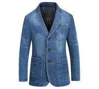 Giacca da abito in denim da uomo, con 3 bottoni, fodera a righe, casual, business, tinta unita, denim, blazer, giacca in jeans leggera, da giovane, lavata, Blu, L