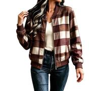 Giacca da baseball a maniche lunghe da donna a scacchiera con zip intera | Elegante Girocollo Plaid Giacche Classico Leggero Breve Ritagliato Capispalla Cappotto Con Tasche Per La Primavera Autunno