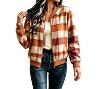 Giacca da baseball a maniche lunghe da donna a scacchiera con zip intera | Elegante Girocollo Plaid Giacche Classico Leggero Breve Ritagliato Capispalla Cappotto Con Tasche Per La Primavera Autunno