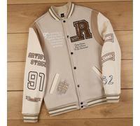 Giacca da baseball casual da uomo con colori a contrasto, patchwork, slogan e stampa di lettere, adatta per l'autunno/inverno, per uscire, streetwear, con maniche lunghe e blocchi di colore, regalo pe