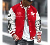 Giacca da baseball casual da uomo con stampa a lettere, maniche lunghe, bottoni anteriori e patchwork, giacca varsity rossa, giacca da baseball di New York, giacca da baseball rossa e bianca, per l'au