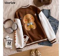 Giacca da baseball casual versatile e abbinabile per ragazze pre-adolescenti, con motivo cartoni animati capibara e patchwork, fodera termica, per scuola e uso quotidiano, autunno/inverno 8Y,9Y,10Y,11