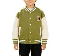 Giacca da baseball per ragazzi e ragazze, con bottoni, per la scuola, per bambini, a maniche lunghe, con colletto alla coreana, toppa con lettera, con tasca, Verde, 3-4 Years