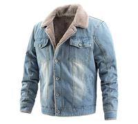 Giacca da camionista in denim foderata in pile con colletto in pelliccia sintetica, caldi cappotti invernali con bottoni, Azzurro, XL
