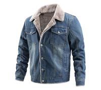 Giacca da camionista in denim foderata in pile con colletto in pelliccia sintetica, caldi cappotti invernali con bottoni, Blu scuro, M