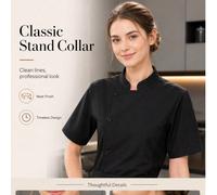 Giacca da chef nera professionale da donna, design classico con collo alla coreana, tessuto tessuto, vestibilità regular, abbigliamento da lavoro pratico L,M,S,XL,XS,XXLColore unicoTessuto intrecciato