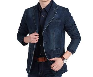 Giacca da costume in jeans da uomo, a maniche lunghe, in denim di cotone, con tasche, Blu scuro, M