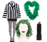 Giacca da donna a righe con parrucca verde, boa di piume verdi e rossetto verde, costume spettrale per Halloween, feste a tema, eventi in costume, feste infestate e cosplay