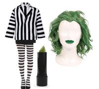 Giacca da donna a righe con parrucca verde e rossetto verde, costume spettrale per Halloween, feste a tema, eventi in costume, feste infestate e cosplay, taglia L