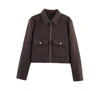 Giacca da donna alla moda in lana morbida color caffè, con cerniera frontale, doppie tasche, colletto a revers, stile casual da strada, capospalla per autunno/inverno, lusso discreto L,M,S,XLColore un