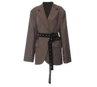 Giacca da donna casual semplice vintage tinta unita con risvolto splicing allentato di grandi dimensioni, Marrone, S