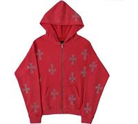 Giacca da Donna con Cappuccio con Zip Giacca Punk Felpa con Cappuccio Oversize con Stampa Incrociata Felpa con Cappuccio con Zip Ampia Y2k Felpa da Uomo Fashion Streetwear (Rosso,L)