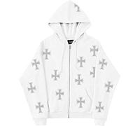 Giacca da Donna con Cappuccio con Zip Giacca Punk Felpa con Cappuccio Oversize con Stampa Incrociata Felpa con Cappuccio con Zip Ampia Y2k Felpa da Uomo Fashion Streetwear (Bianco,M)