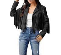 Giacca da donna con frange, in ecopelle, per Oktoberfest, a maniche lunghe, corta, con nappa, hippie, cowgirl, cowboy, costume di carnevale, cappotto da motociclista, giacca autunnale, giacca di jeans