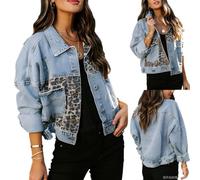 Giacca da donna con motivo leopardato per il passaggio tra primavera e autunno, taglio sciolto e casual, street style, look retrò, con fori e tasche (Blu,XL)