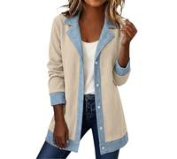 Giacca da donna in maglia patchwork, camicetta ampia con colletto a risvolto, a maniche lunghe, casual, per le mezze stagioni, camicia a coste, elegante, con bottoni, vestibilità ampia, O beige., M