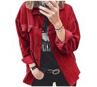 Giacca da donna in velluto a coste oversize a maniche lunghe con risvolto casual abbottonato camicie eleganti e comode camicie larghe autunno inverno giacca di transizione cappotto con tasche, Rosso,