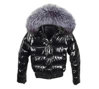 Giacca da donna lucida e morbida in piuma, giacca corta in pelliccia artificiale, giacca invernale imbottita in piuma, Nero , S