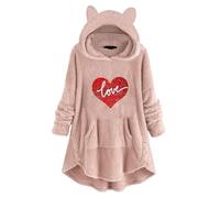 Giacca da donna natalizia in pile accogliente, top da donna a maniche lunghe, stampa amore con cappuccio e tasca allentata, capispalla in peluche per regali di Natale, rosa, L