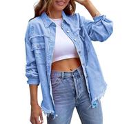 Giacca da donna oversize in denim con frange strappate, a maniche lunghe, stile casual, Blu cielo, M