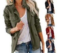 Giacca da donna per il passaggio tra primavera e autunno, parka stile fidanzato con colletto alla coreana, giacca per il tempo libero multitasche ampia, elegante e versatile (Verde militare,S)