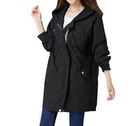 Giacca da donna per le mezze stagioni, trench, giacca a vento per le attività all'aria aperta, con cappuccio, da donna, per l'autunno, tinta unita, con tasche, cappello, lunga giacca a vento, Nero
