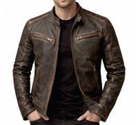 Giacca Da Moto Cafe Racer In Vera Pelle Marrone Slim Fit Per Uomo