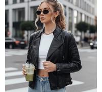 Giacca da motociclista da donna in similpelle con cerniera, fibbia sull'orlo e collo alto. Questa giacca da motociclista da donna è realizzata in similpelle e presenta un design raffinato con una meti