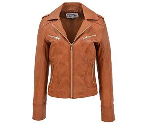 Giacca da motociclista da donna in vera pelle con cerniera, stile casual Kim, Marrone chiaro, 44