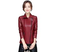 Giacca da motociclista in pelle da donna Primavera Slim Breve Cerniera Cappotto in pelle di pecora, Borgogna, 3XL