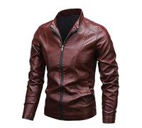 Giacca da motociclista Mens Faux Leather Jacket Classic Warm Stand Collar Motorcycle Coat With Full Zip Vintage Slim Fit Long Sleeve Outdoor Attrezzatura da ciclismo ( Color : Red Lined , Size : L )