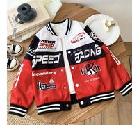 Giacca da ragazzo alla moda e cool con stampa di elementi motociclistici, colletto, polsini e orlo a costine piatti. Questa giacca è ispirata agli elementi motociclistici e mostra uno stile cool e all