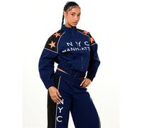 Giacca da tuta con chiusura lampo e blocchi di colore, con testo "NYC Manhattan" e dettagli a stella, per donna L,M,S,XSGeometrico,LettereTessuto intrecciato
