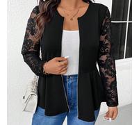 Giacca da tutti i giorni con chiusura lampo e inserti in pizzo, giacca elegante a maniche lunghe per l'autunno, giacca nera abbinabile a tutto, abbigliamento da strada per le donne quando escono, abbi