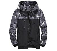 Giacca da uomo 2025 da uomo con stampa patchwork con cappuccio con coulisse a maniche lunghe con cerniera cappotto da tasca all'aperto giacca a vento allentata camicia in pile, Grigio, L